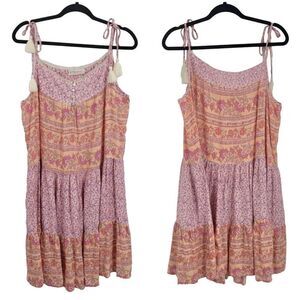 Lucky Brand Dress Festival Boho Oversized Tiered Ditzy Floral Ruffle Hem Pink L